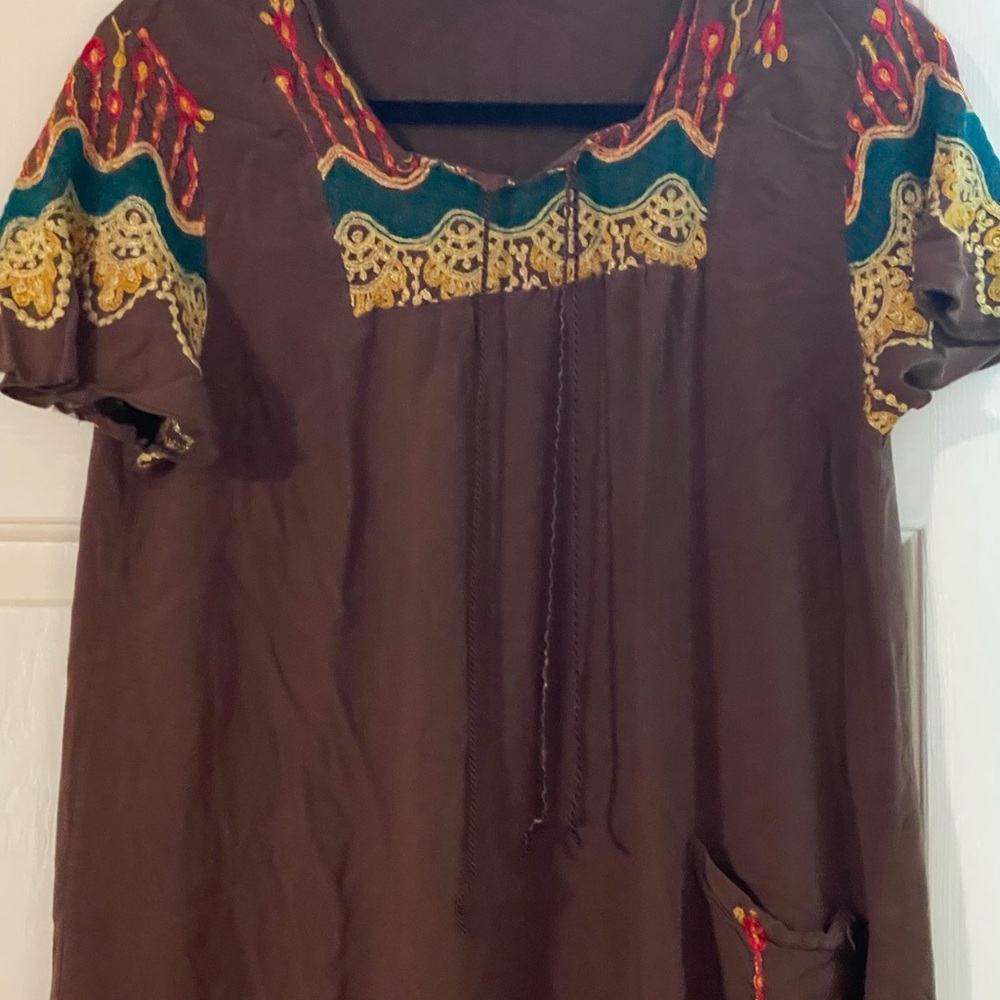 Bohemian Brown Dress with Colorful Embroidery 4x